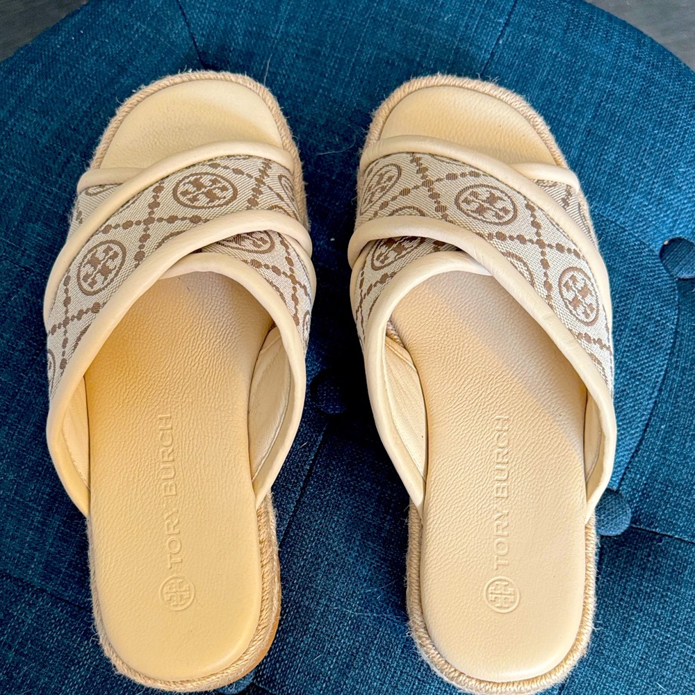 Tory Burch Cream Monogram Cross-Band Slides